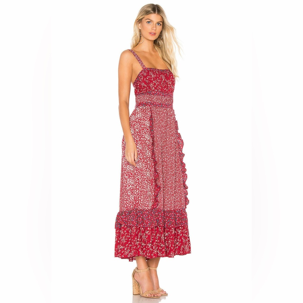 Free People Yesica Red Ruffled Floral Summer Maxi Dress